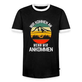 Wir kommen an wenn wir ankommen Lustiges Camping - Männer Kontrast-T-Shirt - Schwarz/Weiß - Vorne - AI Model Female 172 light (172cm) & AI Model Male 178 light (178cm)