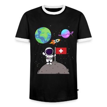Moon landing Planet Switzerland Flag Astronaut - Men's Ringer Shirt - black/white - Front - AI Model Female 172 light (172cm) & AI Model Male 178 light (178cm)