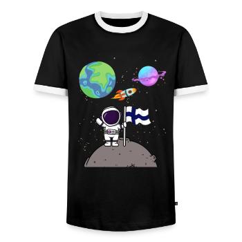 Moon Landing Planet Finland Flag Astronaut - Men's Ringer Shirt - black/white - Front - AI Model Female 172 light (172cm) & AI Model Male 178 light (178cm)
