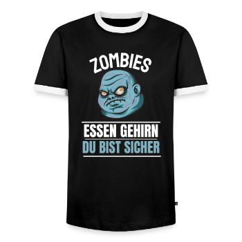 Zombies Essen Gehirn Du bist sicher Halloween - Männer Kontrast-T-Shirt - Schwarz/Weiß - Vorne - AI Model Female 172 light (172cm) & AI Model Male 178 light (178cm)