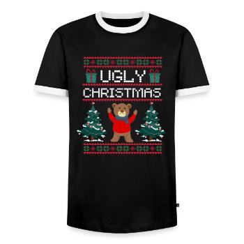 Xmas Teddy Ugly Christmas Gift Christmas - Men's Ringer Shirt - black/white - Front - AI Model Female 172 light (172cm) & AI Model Male 178 light (178cm)