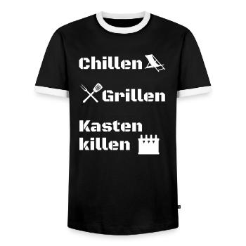 Chillen grillen Kasten killen Geschenk Spruch - Männer Kontrast-T-Shirt - Schwarz/Weiß - Vorne - AI Model Female 172 light (172cm) & AI Model Male 178 light (178cm)