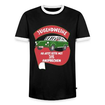 Jugendweihe 2024 Spruch DDR Ostalgie Trabbi - Männer Kontrast-T-Shirt - Schwarz/Weiß - Vorne - AI Model Female 172 light (172cm) & AI Model Male 178 light (178cm)