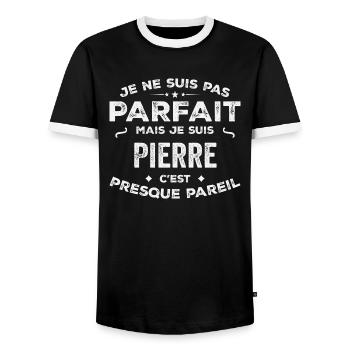 Pierre A first name, a story, a personality - Men's Ringer Shirt - black/white - Front - AI Model Female 172 light (172cm) & AI Model Male 178 light (178cm)