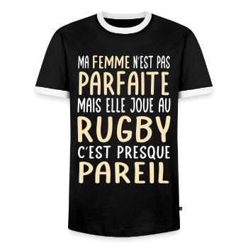 Ma femme pas parfaite mais elle joue au rugby - T-shirt contrasté Homme - noir/blanc - Devant - AI Model Female 172 light (172cm) & AI Model Male 178 light (178cm)