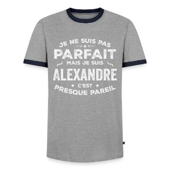 Alexandre A first name, a story, a personality - Men's Ringer Shirt - grey/navy  - Front - AI Model Female 172 light (172cm) & AI Model Male 178 light (178cm)