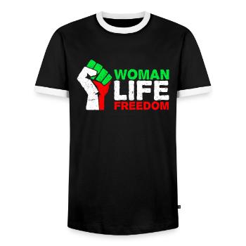 Woman, Life, Freedom | Free Iran! | Mit Flagge - Männer Kontrast-T-Shirt - Schwarz/Weiß - Vorne - AI Model Female 172 light (172cm) & AI Model Male 178 light (178cm)