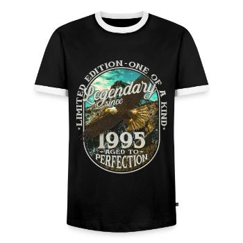 Legendary since 1995 - Men's Ringer Shirt - black/white - Front - AI Model Female 172 light (172cm) & AI Model Male 178 light (178cm)