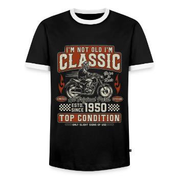 Moto rétro vintage des années 1950 - T-shirt contrasté Homme - noir/blanc - Devant - AI Model Female 172 light (172cm) & AI Model Male 178 light (178cm)
