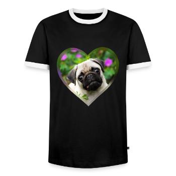 Lustiger Mops Welpe Hund Foto Porträt mit Herz - Männer Kontrast-T-Shirt - Schwarz/Weiß - Vorne - AI Model Female 172 light (172cm) & AI Model Male 178 light (178cm)