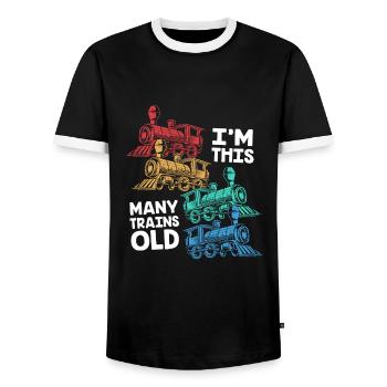 Children's Birthday Train Train Driver Locomotive - Men's Ringer Shirt - black/white - Front - AI Model Female 172 light (172cm) & AI Model Male 178 light (178cm)
