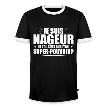 Ich bin Schwimmer. Was ist deine Superkraft? - Männer Kontrast-T-Shirt - Schwarz/Weiß - Vorne - AI Model Female 172 light (172cm) & AI Model Male 178 light (178cm)