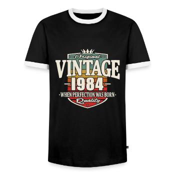 Vintage 1984 - Men's Ringer Shirt - black/white - Front - AI Model Female 172 light (172cm) & AI Model Male 178 light (178cm)