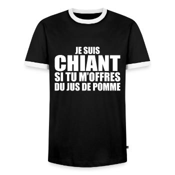 Man who loves Apple Juice. Funny Design Humor - Men's Ringer Shirt - black/white - Front - AI Model Female 172 light (172cm) & AI Model Male 178 light (178cm)