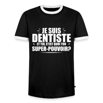 Ich bin Zahnarzt. Was ist deine Superkraft? - Männer Kontrast-T-Shirt - Schwarz/Weiß - Vorne - AI Model Female 172 light (172cm) & AI Model Male 178 light (178cm)