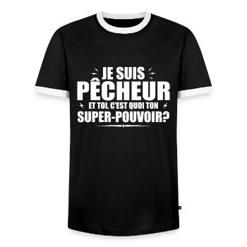 Ich bin Fischer. Was ist deine Superkraft? - Männer Kontrast-T-Shirt - Schwarz/Weiß - Vorne - AI Model Female 172 light (172cm) & AI Model Male 178 light (178cm)