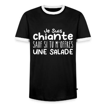 Woman who adores: Salad. Funny Designs Humor - Men's Ringer Shirt - black/white - Front - AI Model Female 172 light (172cm) & AI Model Male 178 light (178cm)