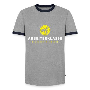 Working class electricians with guild signs - Men's Ringer Shirt - grey/navy  - Front - AI Model Female 172 light (172cm) & AI Model Male 178 light (178cm)