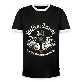 Waffenschmiede Suhl - Simson S51 - Schwalbe KR51 - Männer Kontrast-T-Shirt - Schwarz/Weiß - Vorne - AI Model Female 172 light (172cm) & AI Model Male 178 light (178cm)