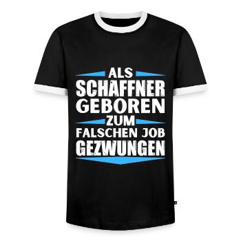 Schaffner im falschen Job gelandet - Männer Kontrast-T-Shirt - Schwarz/Weiß - Vorne - AI Model Female 172 light (172cm) & AI Model Male 178 light (178cm)