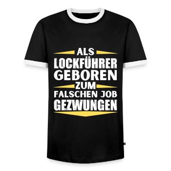 Lure leader landed in the wrong job - Men's Ringer Shirt - black/white - Front - AI Model Female 172 light (172cm) & AI Model Male 178 light (178cm)