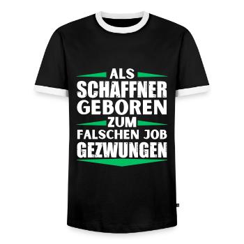 Schaffner im falschen Job gelandet - Männer Kontrast-T-Shirt - Schwarz/Weiß - Vorne - AI Model Female 172 light (172cm) & AI Model Male 178 light (178cm)