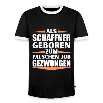 Schaffner im falschen Job gelandet - Männer Kontrast-T-Shirt - Schwarz/Weiß - Vorne - AI Model Female 172 light (172cm) & AI Model Male 178 light (178cm)