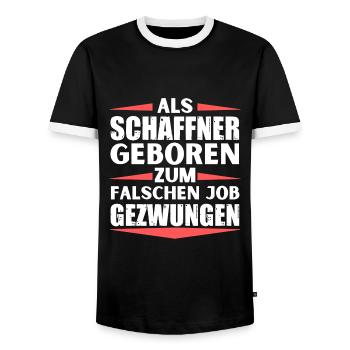 Schaffner im falschen Job gelandet - Männer Kontrast-T-Shirt - Schwarz/Weiß - Vorne - AI Model Female 172 light (172cm) & AI Model Male 178 light (178cm)