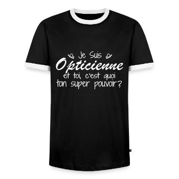 Ich bin Optiker. Was ist deine Superkraft? - Männer Kontrast-T-Shirt - Schwarz/Weiß - Vorne - AI Model Female 172 light (172cm) & AI Model Male 178 light (178cm)