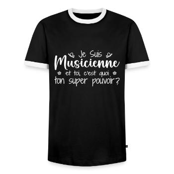 Ich bin Musiker. Was ist deine Superkraft? - Männer Kontrast-T-Shirt - Schwarz/Weiß - Vorne - AI Model Female 172 light (172cm) & AI Model Male 178 light (178cm)