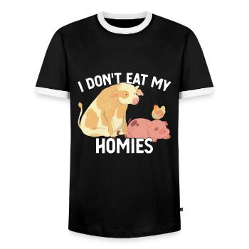 Vegan I Don't Eat My Homies Funny Vegetarian - Men's Ringer Shirt - black/white - Front - AI Model Female 172 light (172cm) & AI Model Male 178 light (178cm)