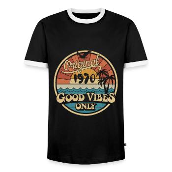 Original 1970 ' s Vintage 1970 ' s Anniversaire Rétro 1970 's - T-shirt contrasté Homme - noir/blanc - Devant - AI Model Female 172 light (172cm) & AI Model Male 178 light (178cm)