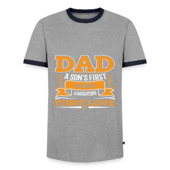 DAD HERO LOVE | Father's Day Father's Day - Men's Ringer Shirt - grey/navy  - Front - AI Model Female 172 light (172cm) & AI Model Male 178 light (178cm)