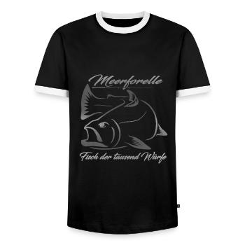 Meerforelle - Fisch der tausend Würfe - Männer Kontrast-T-Shirt - Schwarz/Weiß - Vorne - AI Model Female 172 light (172cm) & AI Model Male 178 light (178cm)