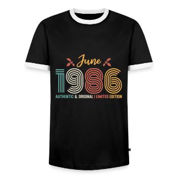 June 1986 Birthday June 1986 Retro June - Men's Ringer Shirt - black/white - Front - AI Model Female 172 light (172cm) & AI Model Male 178 light (178cm)