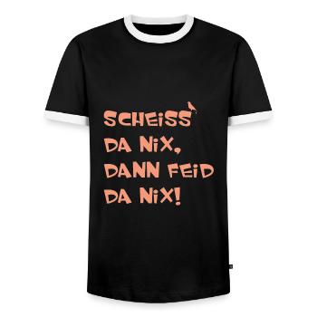 SCHEISS DA NIX DANN FEID DA NIX Bayern - Männer Kontrast-T-Shirt - Schwarz/Weiß - Vorne - AI Model Female 172 light (172cm) & AI Model Male 178 light (178cm)