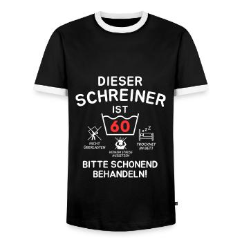 Dieser Schreiner ist 60. Schonend behandeln - Männer Kontrast-T-Shirt - Schwarz/Weiß - Vorne - AI Model Female 172 light (172cm) & AI Model Male 178 light (178cm)