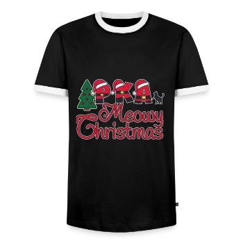 PKA Cat Xmas meowy Christmas - Men's Ringer Shirt - black/white - Front - AI Model Female 172 light (172cm) & AI Model Male 178 light (178cm)