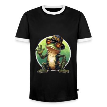 Happy cool frog with glasses and hat waving - Men's Ringer Shirt - black/white - Front - AI Model Female 172 light (172cm) & AI Model Male 178 light (178cm)