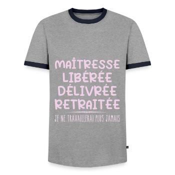 Maîtresse célèbre sa retraite avec humour cadeau - T-shirt contrasté Homme - gris/marine  - Devant - AI Model Female 172 light (172cm) & AI Model Male 178 light (178cm)