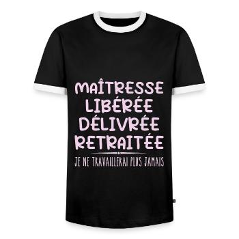 Mistress Celebrates Her Retirement With Humor Gift - Men's Ringer Shirt - black/white - Front - AI Model Female 172 light (172cm) & AI Model Male 178 light (178cm)