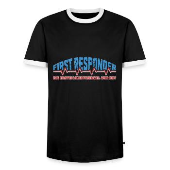 First responder with a heartbeat and cool saying - Men's Ringer Shirt - black/white - Front - AI Model Female 172 light (172cm) & AI Model Male 178 light (178cm)