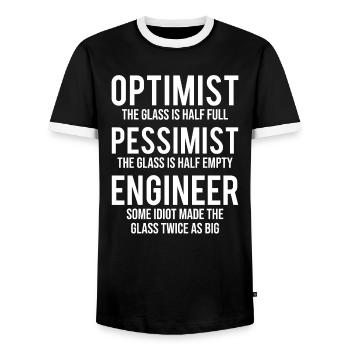 Optimist Pessimist Engineer Funny Witty T-shirt - Men's Ringer Shirt - black/white - Front - AI Model Female 172 light (172cm) & AI Model Male 178 light (178cm)
