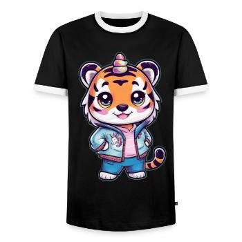 Tigre kawaii avec une jolie tenue de licorne - T-shirt contrasté Homme - noir/blanc - Devant - AI Model Female 172 light (172cm) & AI Model Male 178 light (178cm)