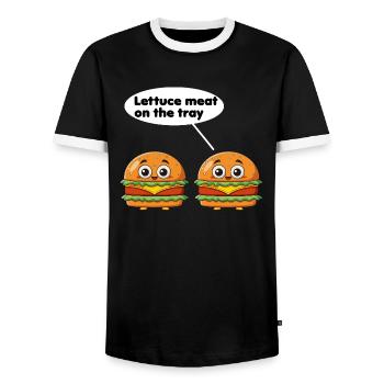Salatfleisch auf dem Tablett lustiges Burger-Wortspiel - Männer Kontrast-T-Shirt - Schwarz/Weiß - Vorne - AI Model Female 172 light (172cm) & AI Model Male 178 light (178cm)