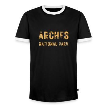 arches national park vintage Utah with yellow text - Men's Ringer Shirt - black/white - Front - AI Model Female 172 light (172cm) & AI Model Male 178 light (178cm)