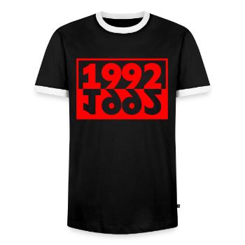 Minimalist text 1992 30 years anniversary - Men's Ringer Shirt - black/white - Front - AI Model Female 172 light (172cm) & AI Model Male 178 light (178cm)