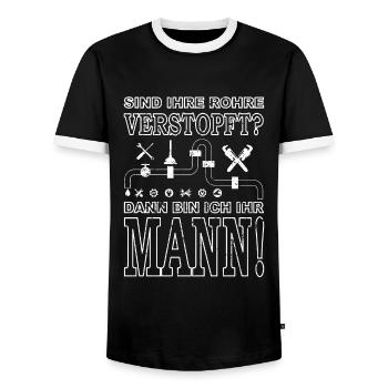 Sind ihre Rohre verstopft? Dann bin ich ihr Mann! - Männer Kontrast-T-Shirt - Schwarz/Weiß - Vorne - AI Model Female 172 light (172cm) & AI Model Male 178 light (178cm)