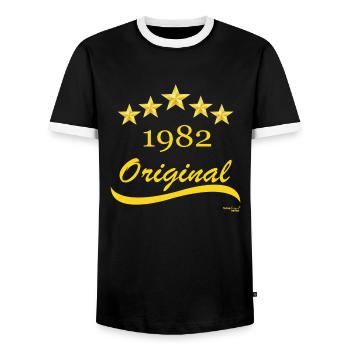 Born in 1982 - Men's Ringer Shirt - black/white - Front - AI Model Female 172 light (172cm) & AI Model Male 178 light (178cm)
