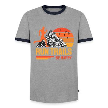 Run Trails Be Happy Trail Runner Mountain Running - Men's Ringer Shirt - grey/navy  - Front - AI Model Female 172 light (172cm) & AI Model Male 178 light (178cm)